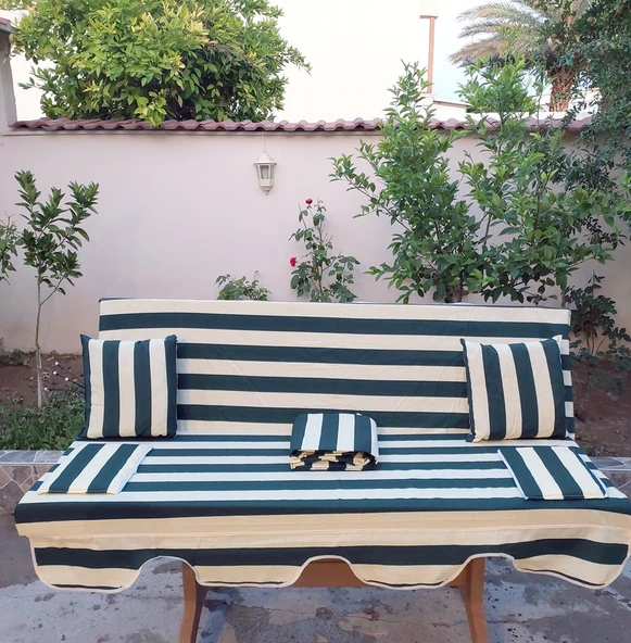 Mandaş Süngerli 3 Kişilik Salıncak Minder Seti (Pamuklu Kumaş)-Yeşil Krem