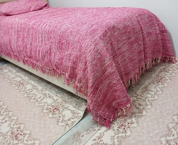 Akıllı ip El Dokuma Akriilik ip Tek Kişilik Yatak Örtüsü (160x240)-A Pembe