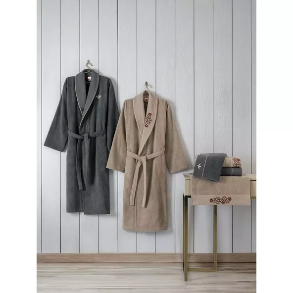 Cotton box Folkart Aile Bornoz Seti Yamka Bej Antrasit