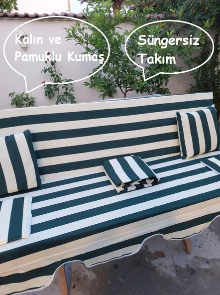 Mandaş Süngersiz 3 Kişilik Salıncak Minder Seti (Pamuklu Kumaş)-Yeşil Krem - 2