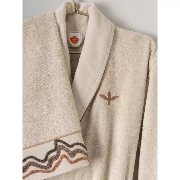 Cotton box puff nakışlı Aile Bornoz Seti Gala bej- petrol - 2