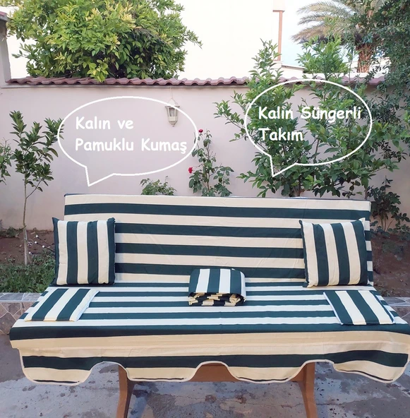 Mandaş Süngerli 3 Kişilik Salıncak Minder Seti (Pamuklu Kumaş)-Yeşil Krem - 2