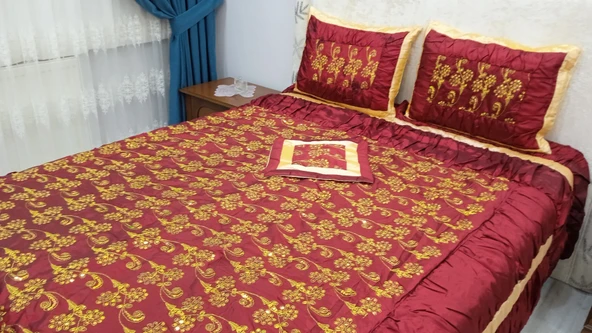 Nayır Çift Kişilik Saten Pullu Yatak Örtüsü Bordo