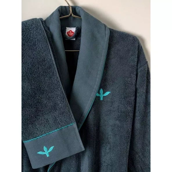 Cotton box puff nakışlı Aile Bornoz Seti Gala bej- petrol - 3