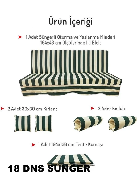 Mandaş Süngerli 3 Kişilik Salıncak Minder Seti (Pamuklu Kumaş)-Yeşil Krem