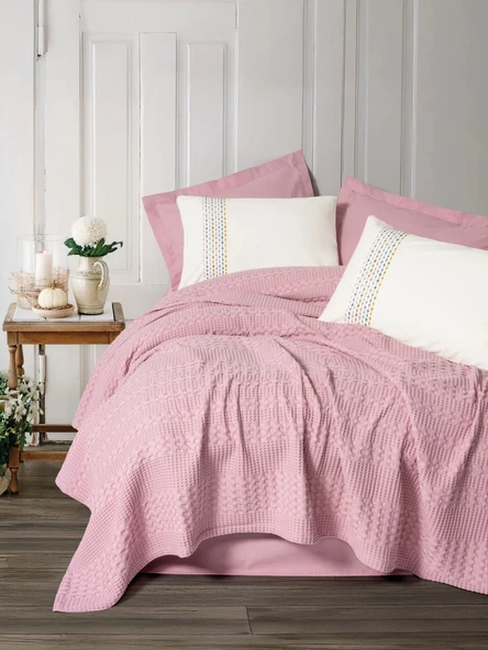 Cottonbox Tek Kişilik Lastikli Çarşaflı Pike Takımı Aura Pebble Pembe