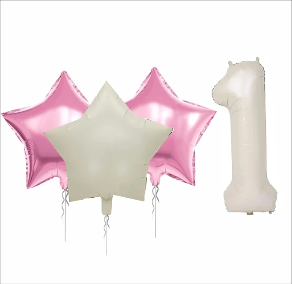1 YAŞ BEJ RENK FOLYO BALON, 2 ADET PEMBE, 1 ADET BEJ YILDIZ FOLYO BALON ürün görseli