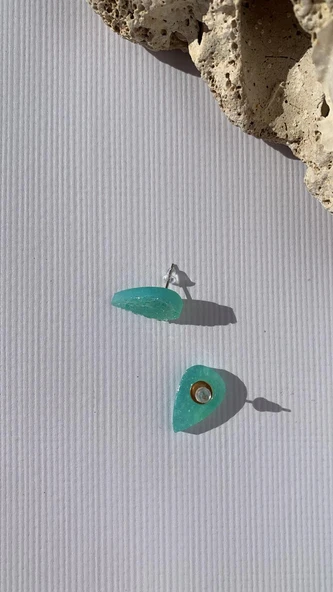 Tırtıklı Kristal Desenli Su Yeşili Gold Aksesuar Küçük Boy Damla Epoksi Küpe El Yapımı Hediyelik - 2