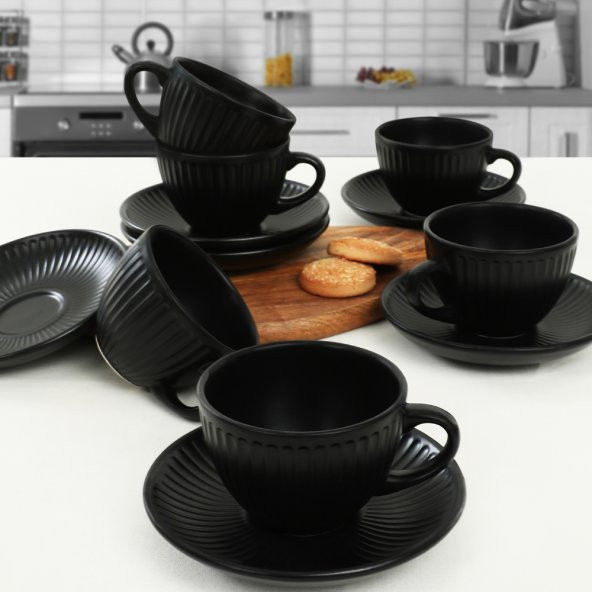 Keramika Mat Siyah Myra Çay Fincan Takımı 12 Parça 6 Kişilik