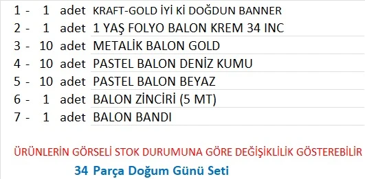 1 YAŞ KRAFT-GOLD, DENİZ KUMU, BEYAZ TEMALI DOĞUM GÜNÜ SETİ - Resim 2