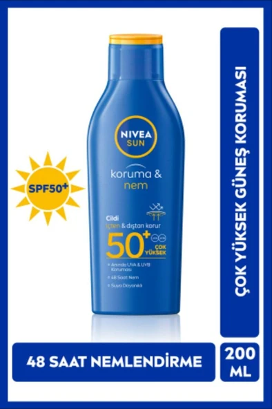 Nivea Sun SPF50+ Güneş Koruyucu & 48 Nemlendirici Güneş Losyonu 200 ml,Çok Yüksek Koruma