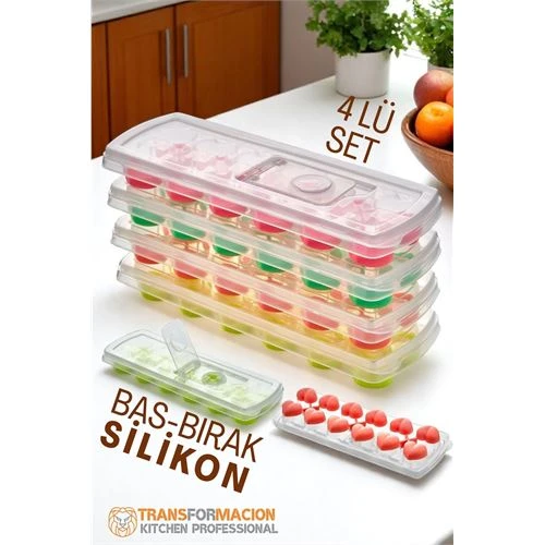 Buz Kalıbı - Bas-Bırak Kapaklı Silikon Buz Kalıbı 4'lü SET