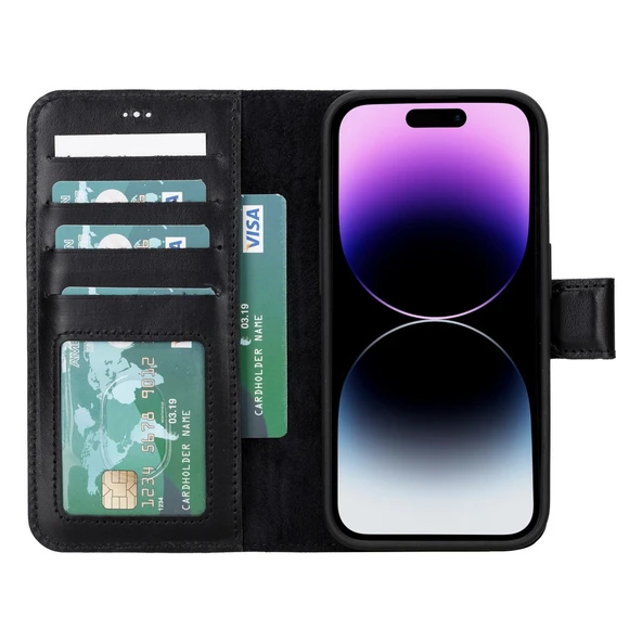 Apple iPhone 15 Pro Uyumlu Deri Cüzdanlı Kılıf MWWN RST1 Siyah - 2
