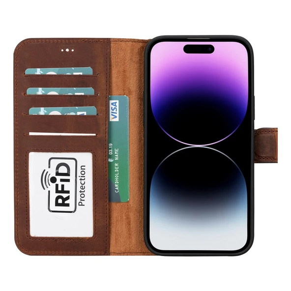 Apple iPhone 15 Plus Uyumlu Deri Cüzdanlı Kılıf MWWN G2 Kahve - 2