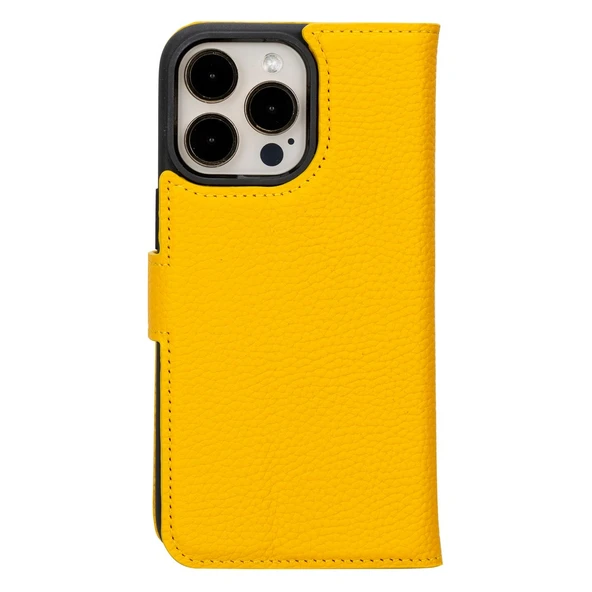 Apple iPhone 15 Pro Max Uyumlu Deri Cüzdanlı Kılıf MWWN FL12 Sarı - 5