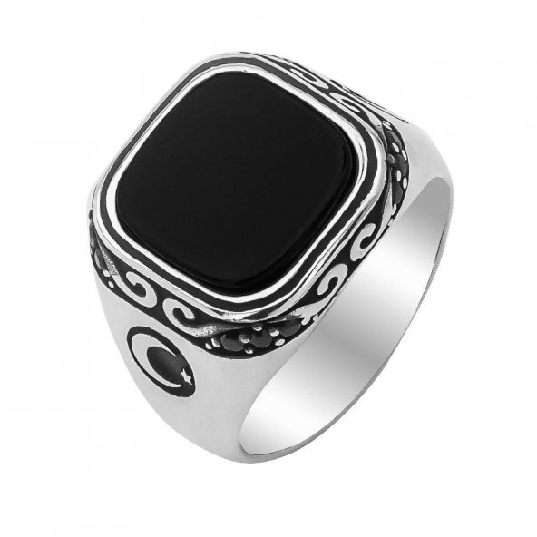 Siyah Oniks Taşlı Ayyıldız Tasarımlı Gümüş Erkek Yüzük - Resim 3