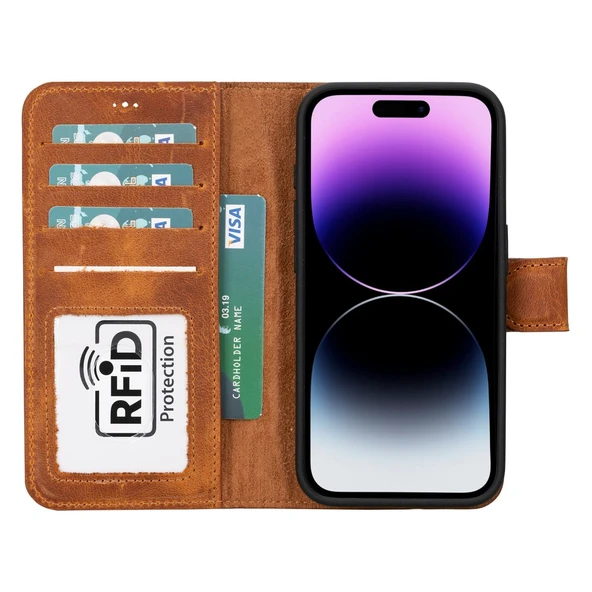 Apple iPhone 15 Pro Uyumlu Deri Cüzdanlı Kılıf MWWN G19 Taba - 2