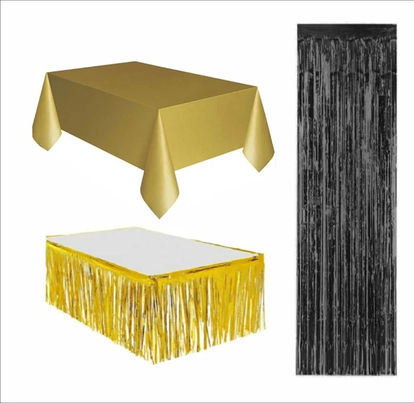 3 PARÇA GOLD MASA ÖRTÜSÜ, GOLD MASA ETEĞİ,SİYAH ARKA FON