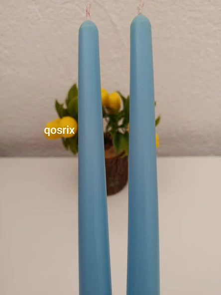 qosrix 2'li Açık Mavi Şamdan Soya Mumu 1. Kalite Soya Doğal Pudra Kokulu Uzun Çubuk Konik Mum Dekoratif - 3