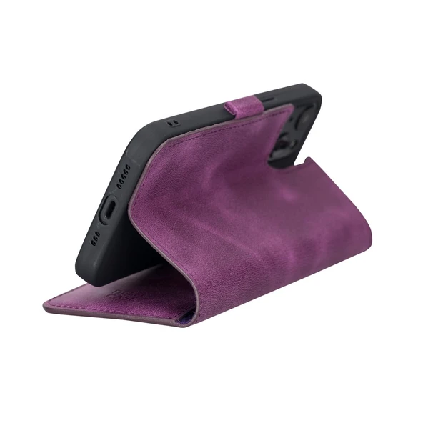 Apple iPhone 13 Uyumlu Deri Cüzdanlı Kılıf Rustik Mor - 5