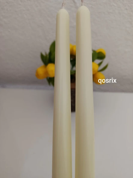 qosrix 2'li Açık Krem Şamdan Soya Mumu 1. Kalite Soya Doğal Pudra Kokulu Uzun Çubuk Konik Mum Dekoratif - 3