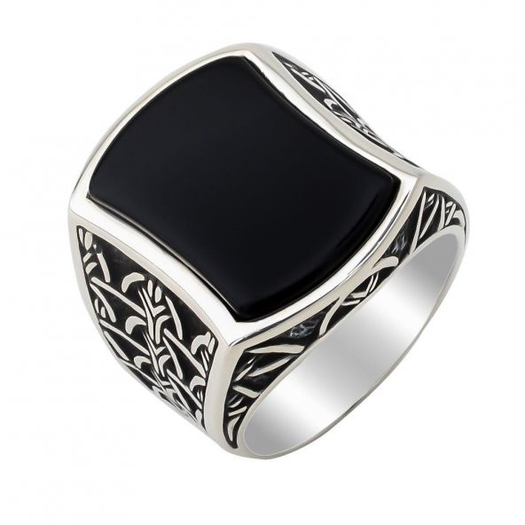 Siyah Oniks Taşlı Çizgi Motifli 925 Ayar Gümüş Erkek Yüzük - Resim 3