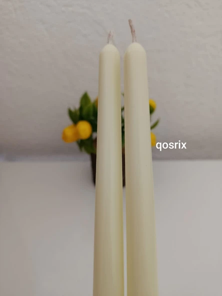 qosrix 2'li Açık Krem Şamdan Soya Mumu 1. Kalite Soya Doğal Pudra Kokulu Uzun Çubuk Konik Mum Dekoratif - 5