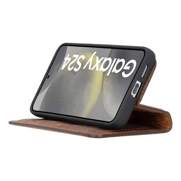 Samsung Galaxy S24 Uyumlu, Deri Cüzdanlı Kılıf, Antik Kahve - 4