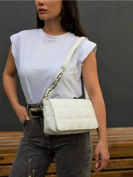 Beyaz Askılı Kare Nakışlı El Omuz Çantası - 3