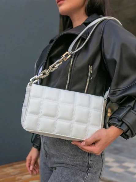 Beyaz Askılı Kare Nakışlı El Omuz Çantası - 2