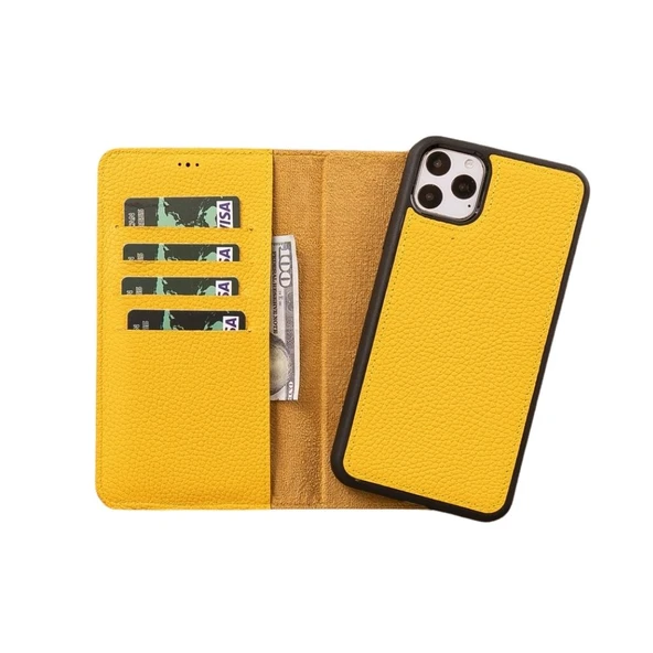 Apple iPhone 11 Pro Max Uyumlu Deri Cüzdanlı Kılıf FL12 Sarı