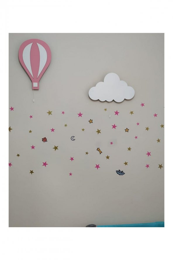 Pembe Balon ve Beyaz Bulut Çocuk Odası Adınlatma Seti 2 li - 100 Yıldız Sticker