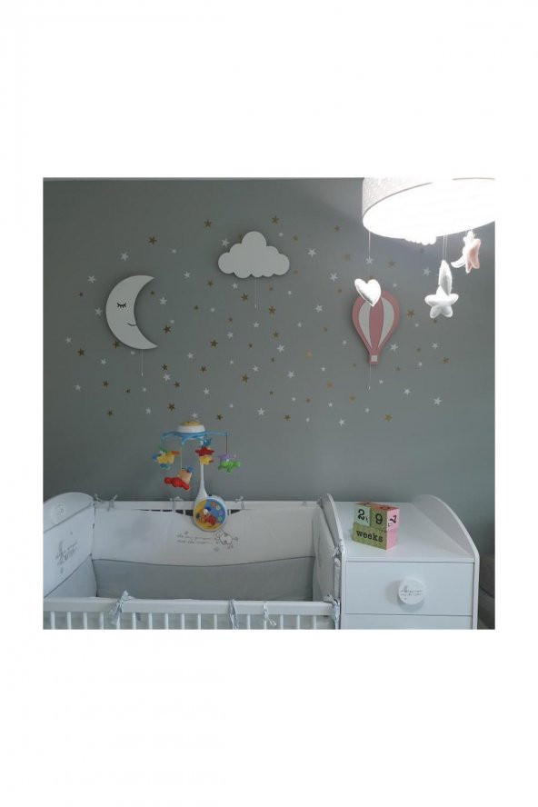 Beyaz Aydede, Beyaz Bulut ve Pembe Balon Çocuk Odası Aydınlatma Seti - 100 Yıldız Sticker