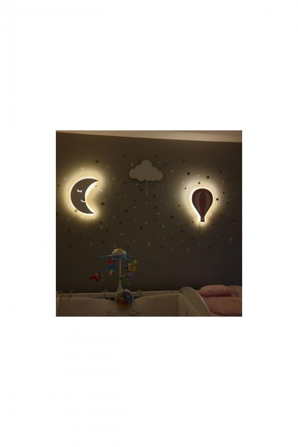 Beyaz Aydede, Beyaz Bulut ve Pembe Balon Çocuk Odası Aydınlatma Seti - 100 Yıldız Sticker - 2