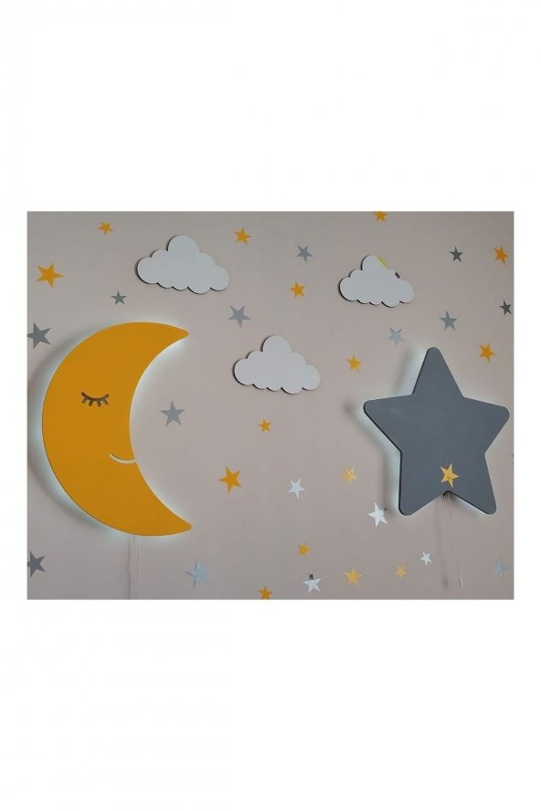 Sarı Aydede Ve Gri Yıldız Bebek Odası Aydınlatmaları - 100 Yıldız Sticker