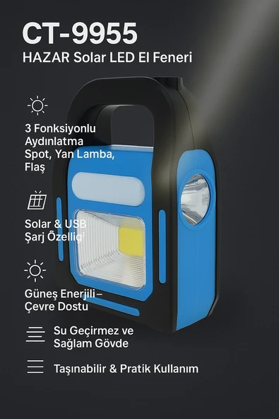 Acil Durum Kamp LED Seti 3'lü LED Aydınlatma Kafa Lambası Şarjlı El Feneri ve Güneş Enerjili Taşınabilir Kamp Feneri - 3