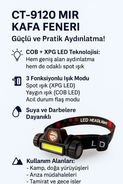 Acil Durum Kamp LED Seti 3'lü LED Aydınlatma Kafa Lambası Şarjlı El Feneri ve Güneş Enerjili Taşınabilir Kamp Feneri - 10