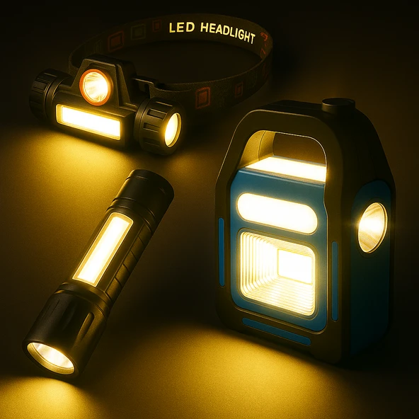 Acil Durum Kamp LED Seti 3'lü LED Aydınlatma Kafa Lambası Şarjlı El Feneri ve Güneş Enerjili Taşınabilir Kamp Feneri - 2