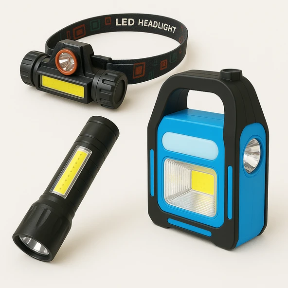 Acil Durum Kamp LED Seti 3'lü LED Aydınlatma Kafa Lambası Şarjlı El Feneri ve Güneş Enerjili Taşınabilir Kamp Feneri