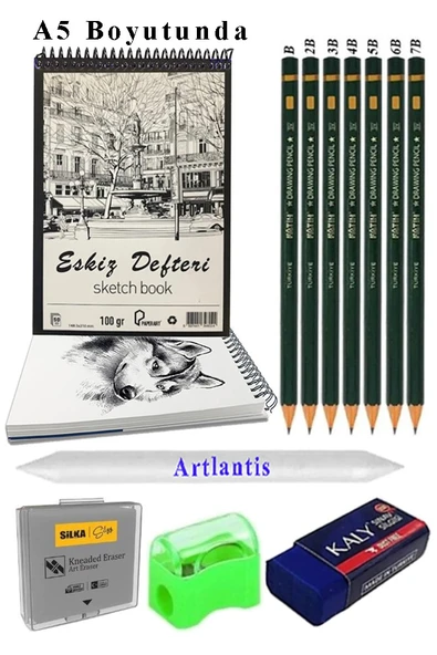 A5 120 gr Eskiz Defteri Telli 7 Adet Dereceli Kalem Çizim Seti Pastel Dağıtma Silgi Karakalem Eskiz Seti Kalemtraş ürün görseli