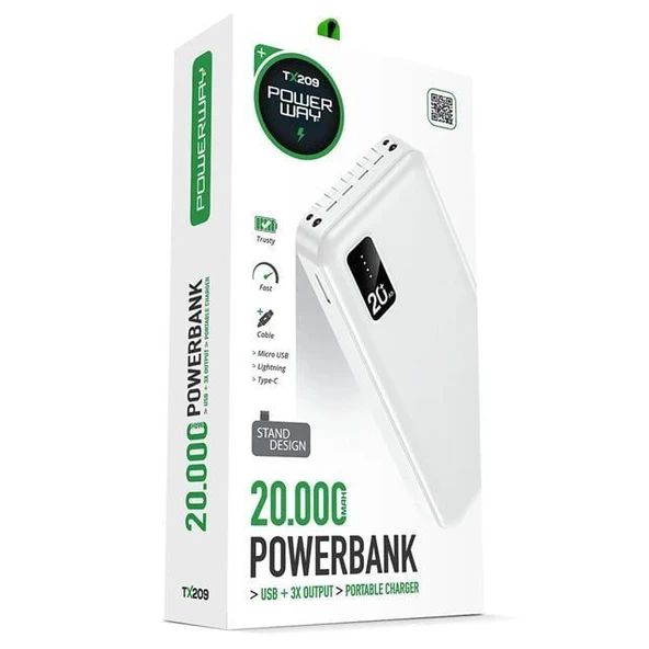 Powerway TX209 20.000mAh Kablolu Dijital Göstergeli Fenerli Powerbank Dahili Telefon Stand (MİCRO - TYPE C - LİGHTNİNG) - 3