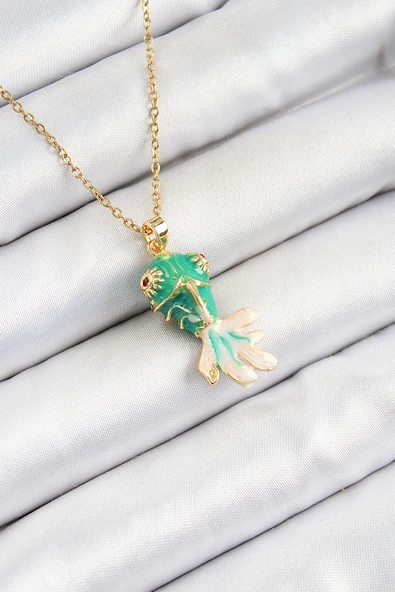 316L Çelik Zincir Yeşil Balık Model Gold Renk Kadın Kolye - TJ-BKO10323 ürün görseli 1