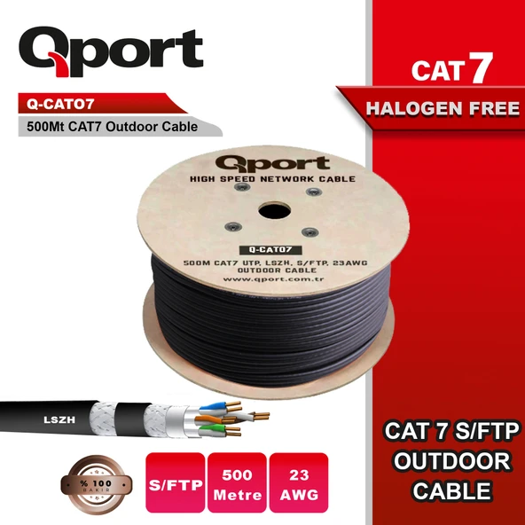 QPORT Q-CATO7 500M CAT7 LSOH S/FTP FULL BAKIR 23AWG SİYAH HALOGEN FREE KABLO ürün görseli 1