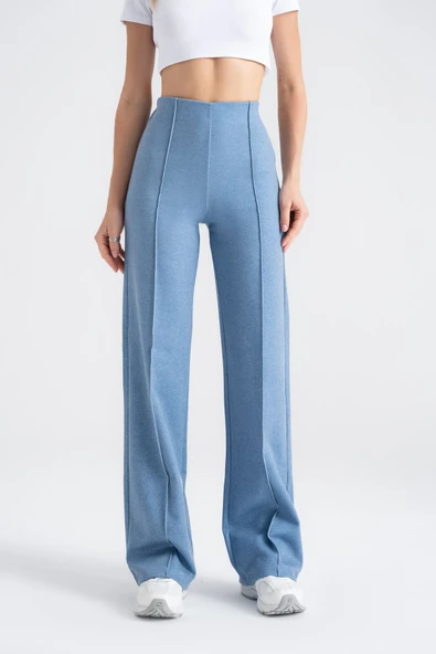 Kadın Boru Paça Tayt Nervürlü Denim Görünümlü Mavi Slim Fit, Günlük Konfor ve Şıklık - 8
