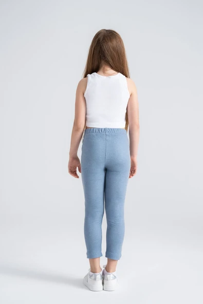 Rahat Giyilen Kız Çocuk Taytı – Mavi Denim Görünümlü, Esnek & Tüylenmez - 4