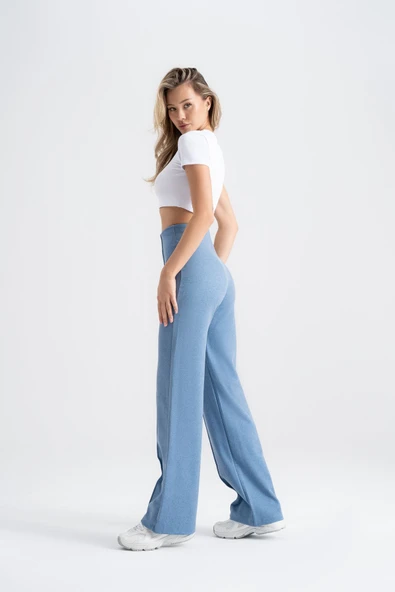 Kadın Boru Paça Tayt Nervürlü Denim Görünümlü Mavi Slim Fit, Günlük Konfor ve Şıklık - 6