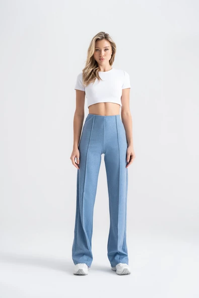 Kadın Boru Paça Tayt Nervürlü Denim Görünümlü Mavi Slim Fit, Günlük Konfor ve Şıklık - 5