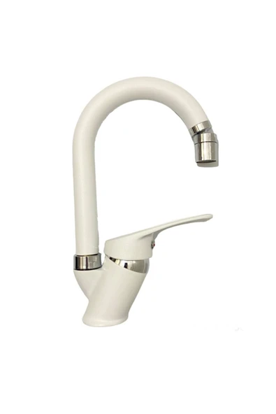 Beyaz Krom Oynar Başlıklı Banyo Lavabo Bataryası Çeşmesi Musluğu Çift Su Girişli ürün görseli 1