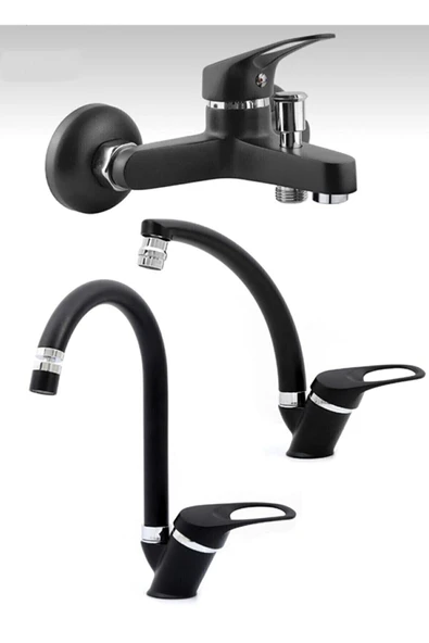 Siyah Krom Lavabo - Mutfak- Banyo Bataryası Çeşmesi Musluğu 3'lü Set ürün görseli 1
