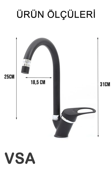 Mat Siyah Mutfak Lavabo Bataryası 360 Derece Oynar Perlatörlü Musluk - Resim 4